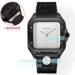 THB Swiss Copy Cartier Santos Silver Dial Black Steel Leather Strap Watch 